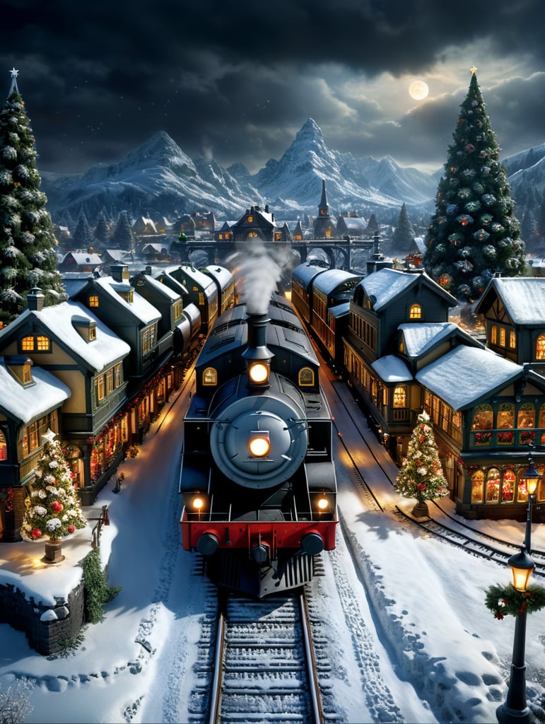 Create a Christmas image, outside, include a train, village and in the middle of the image write the word "Areli"