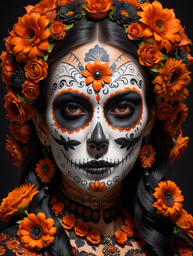 black, burnt orange, mexican, day of the dead make up, flowers 3d style