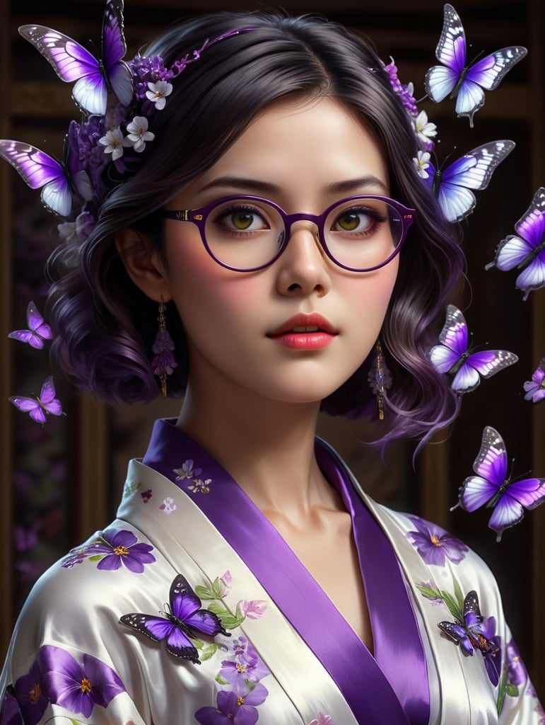 Create a Pixar animation style image of a girl with short dark hair, dark eyes and glasses, her skin is white, she wears a purple and white kimono with purple butterflies