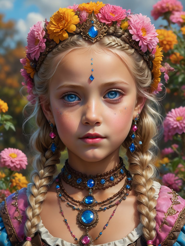 Episch portret, harlekijn, blond meisje, blauwe ogen, kleuter, veel goudsbloemen, veel cosmea, vlechten, bruine kleding, juwelen met roze edelstenen, kroon met roze edelstenen, ingewikkelde versieringen, high definition, herfst