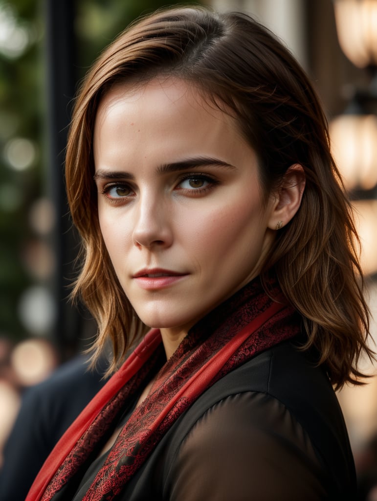 Portrait of Emma Watson wearing black blouse with red scarf, ultra realistic