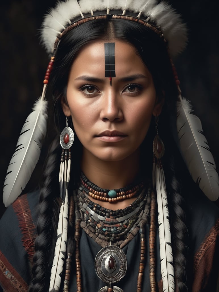 portrait, old western Native American daughter of Shaman, national clothing, dark scene, dark atmosphere, epic shot, sharp on details