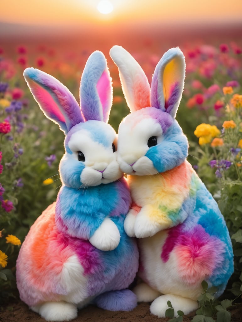 Two tie dye rainbow fur bunnies cuddling in field of flowers sunset