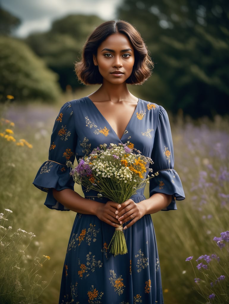 A beautiful award winning full length portrait of a dusky maiden wearing a chic floral dress, she is outdoors, holding a dainty bouquet of precisely arranged wild flowers, minimalistic composition, very dramatic lighting, in the style of wes anderson, hints of david lynch, rule of thirds, hasselblad x2d, portrait lens, magical mood