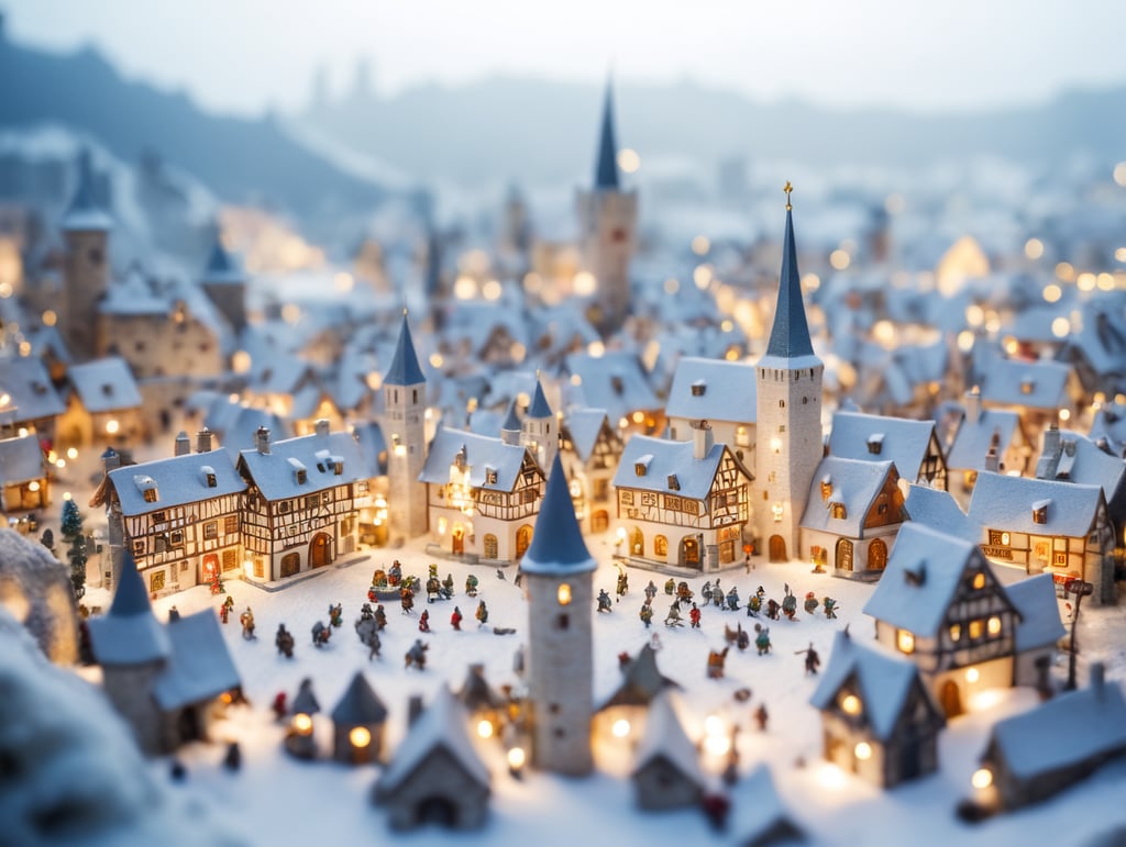 tilt shift photography of a Christmas medieval fantasy miniature city, depth of view, sunny, at night, snowy weather