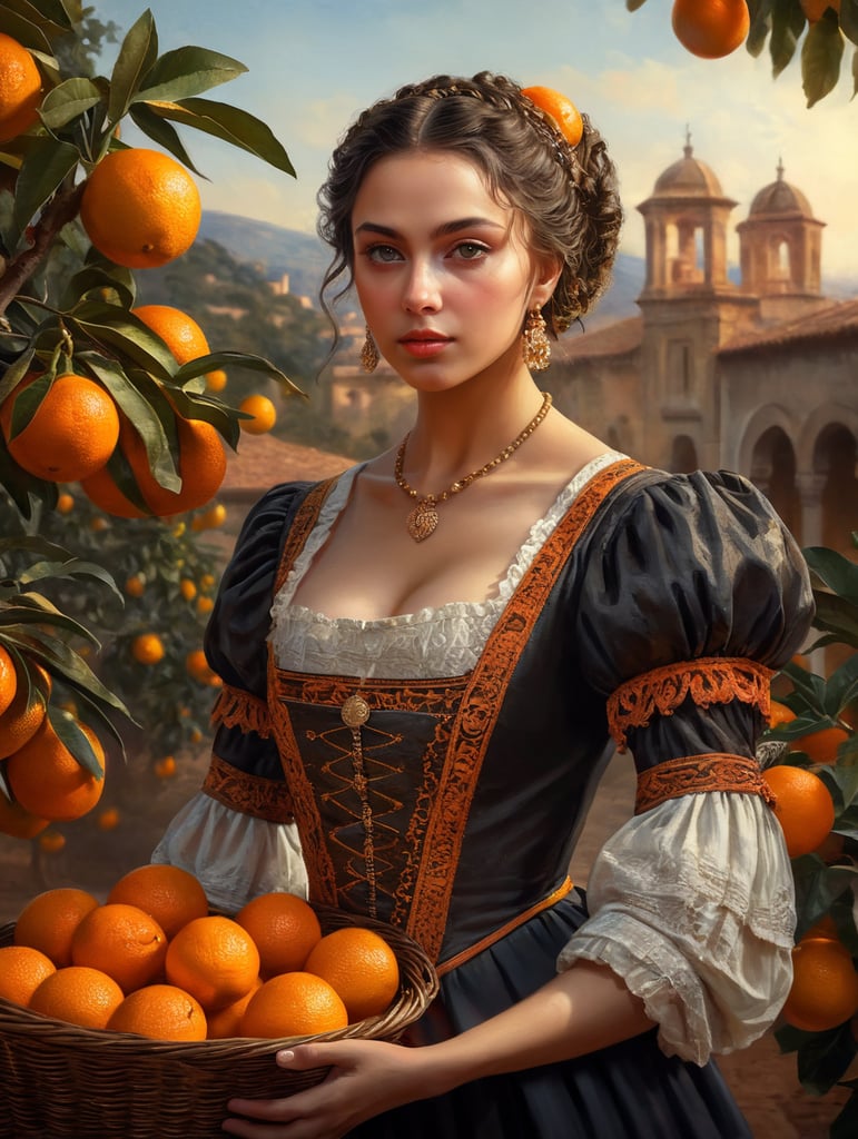 Portrait of a young, dark and beautiful Italian girl growing oranges from Sicily in 17th century Italian folk dress, dramatic lighting, depth of field, orange trees in the background. Oranges should have a beautiful, even structure. Incredibly high detail holding fresh oranges in hand