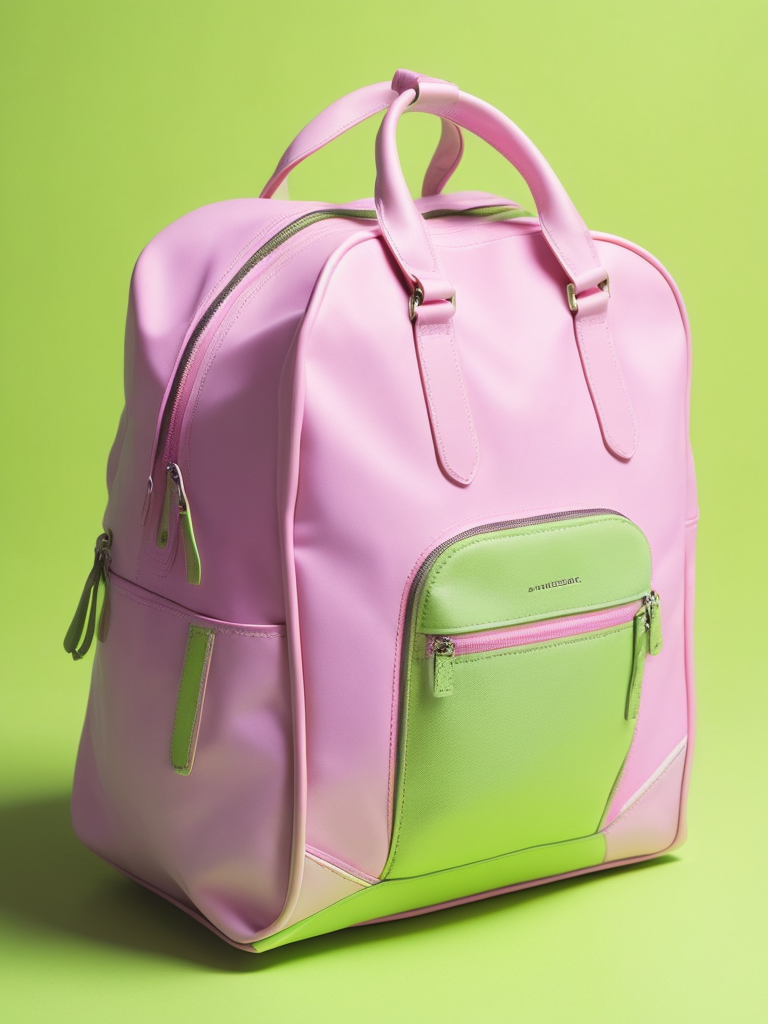 Pink and light green sport bag, bright and saturated colors, elegant, highly detailed, vogue, fashion magazine, sharp focus, yellow background