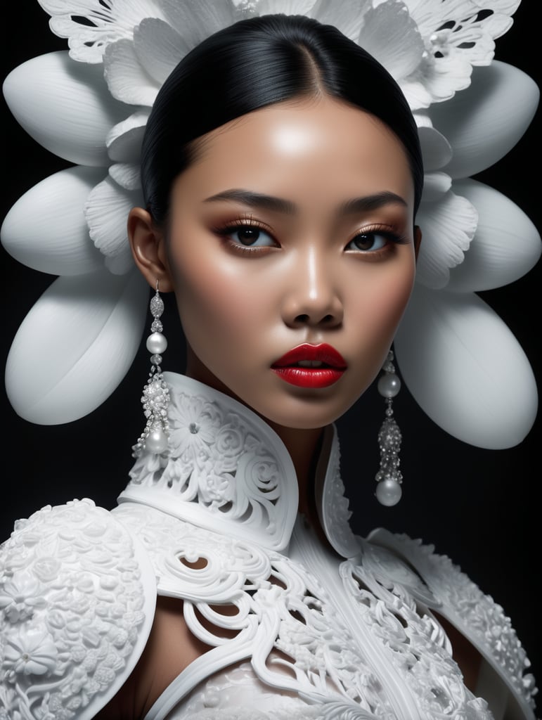 Black skin Asian girl fashion model, fashion photography , reality , fashion model has real skin texture , pure background ,art installation , 22mm lens , 3D render , black background , 8K , Tim walker , alexander mcqueen