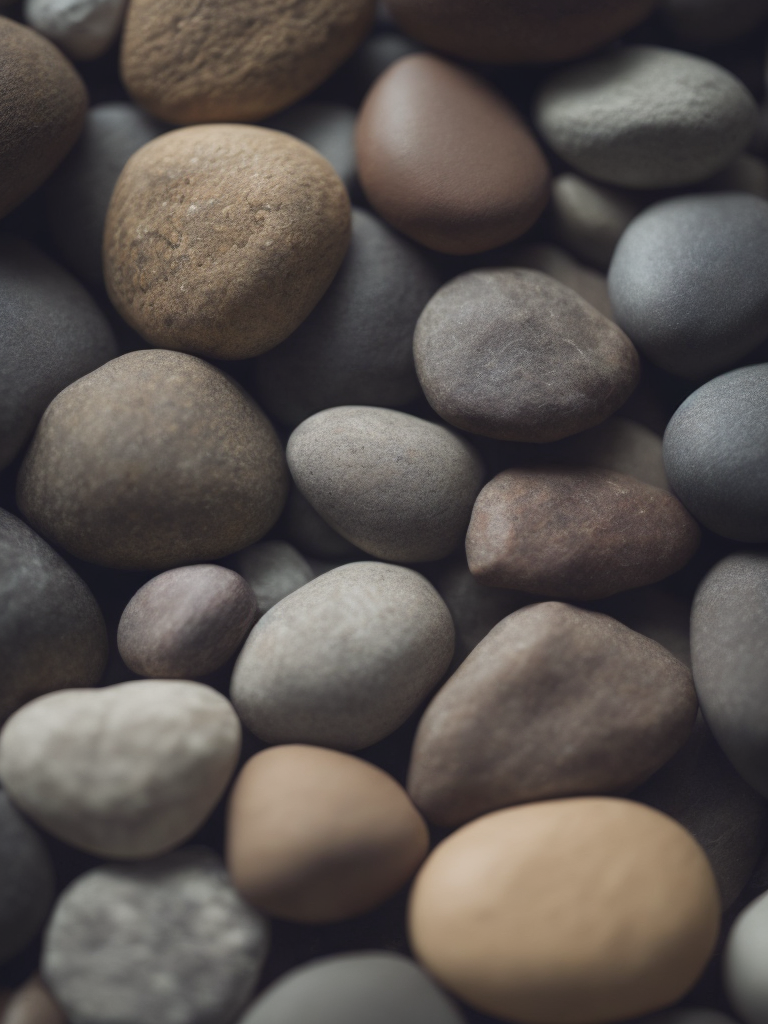 Texture of stones, pattern, background, top view, organic texture, seamless texture, scattered stones, gray and brown colors, deep colors, contrast lighting, voluminous stones, stones lie on top of each other, closely stacked stones