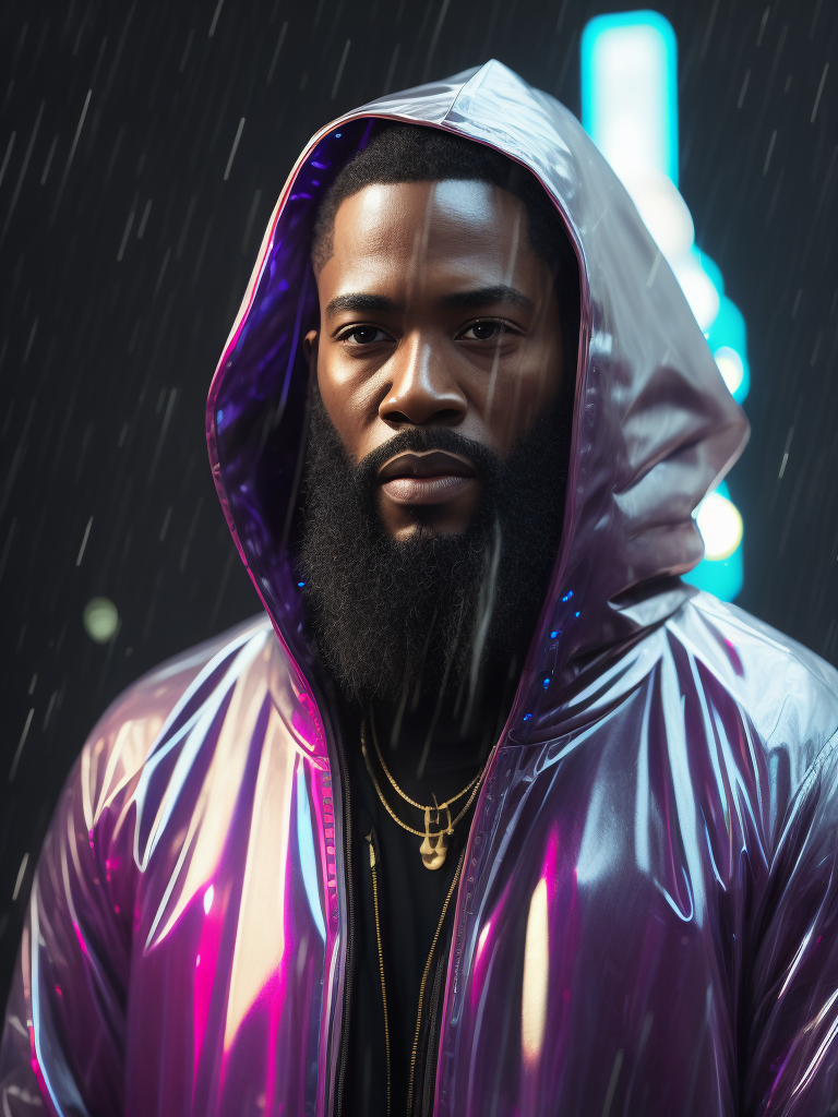 a black man with a long beard wearing ((transparent raincoat)), under the rain, ultra realistic, neon lights