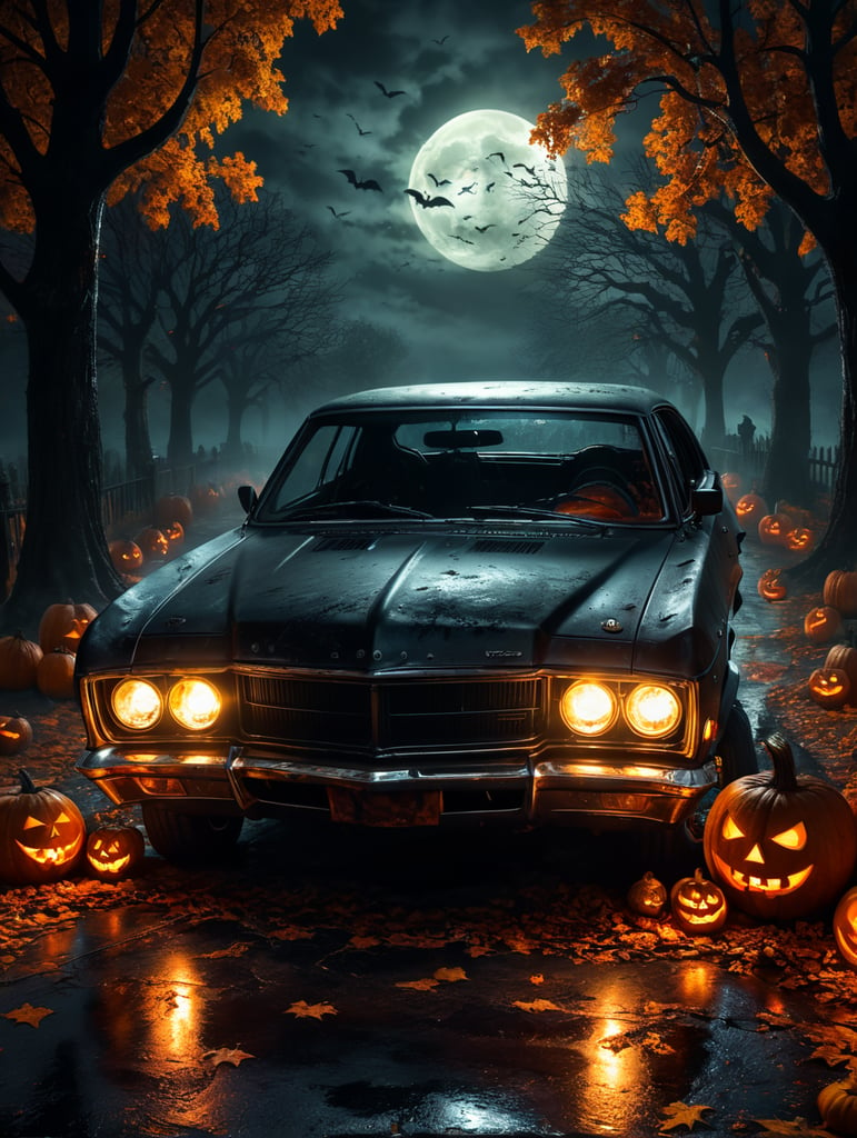 creates a background with halloween theme that is at night with a car with the lights on