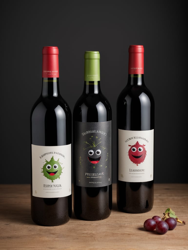 dos botellas de vino tinto con etiquetas ilustradas por un niño de kinder con caras felices y personajes de palitos con colores vibrantes, con suaje de papel desgastado tapon verde fosforescente y verde seco en set fotografico profesional minimalista con fondo gris obscuros