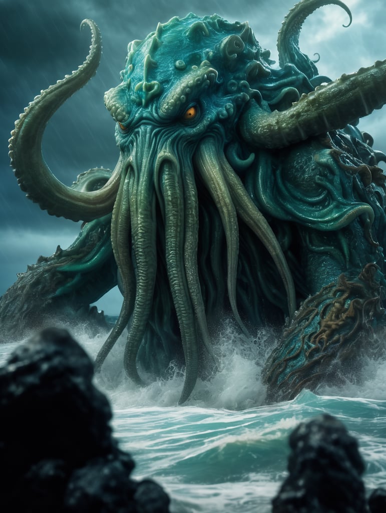 Cthulhu emerging at a stormy,ocean high-quality details, deep focus, professional shot aqua blue rim light vibrant colors