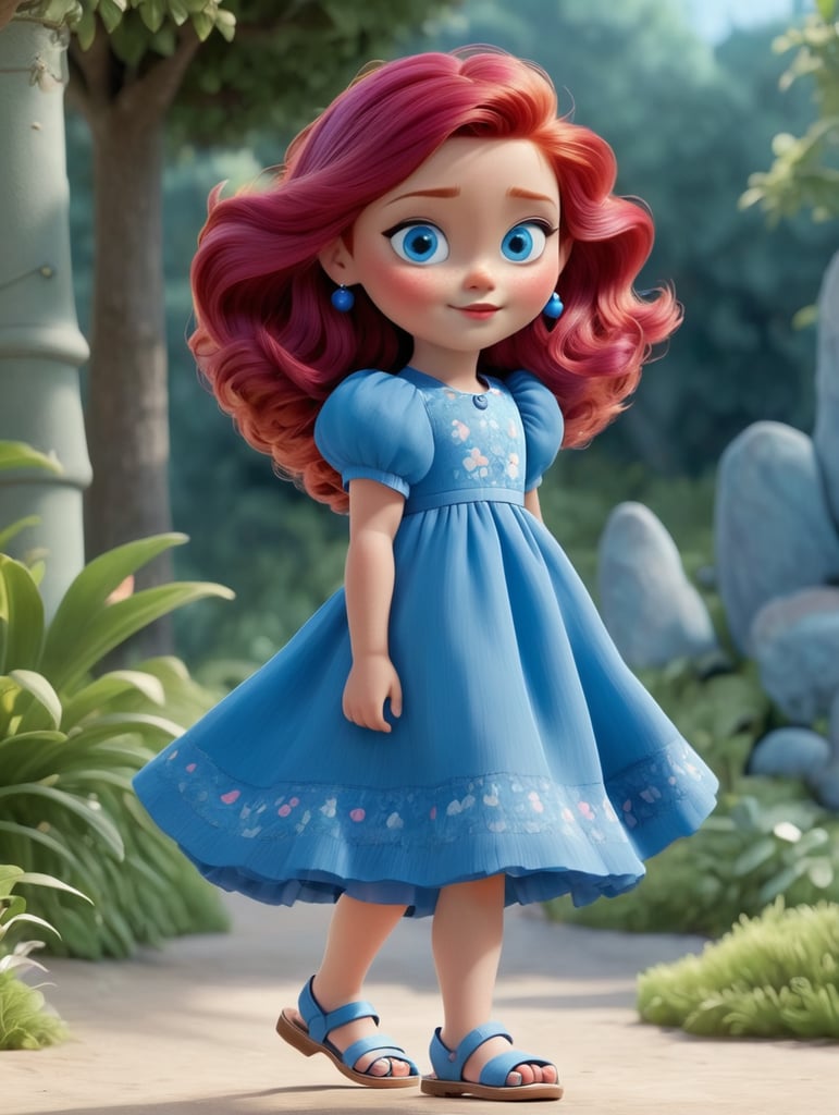 Crimson hair and blue eyes and light lips and soft face and wearing a blue frock reaching till her kness and light sandals and good shapped full body