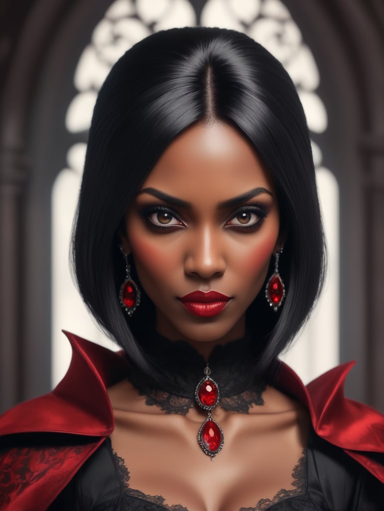 retrato de mujer de cabello negro, en estilo gotico animado y vampiro. Destaca color rojo