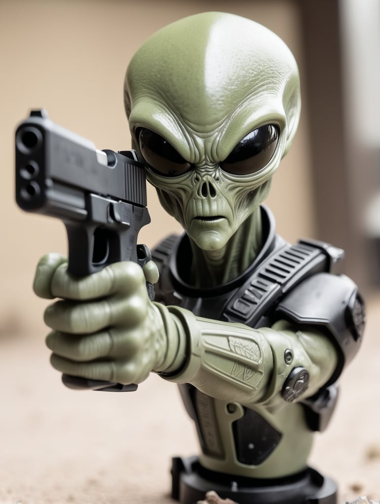 An alien pointing a Glock-19 at the camera