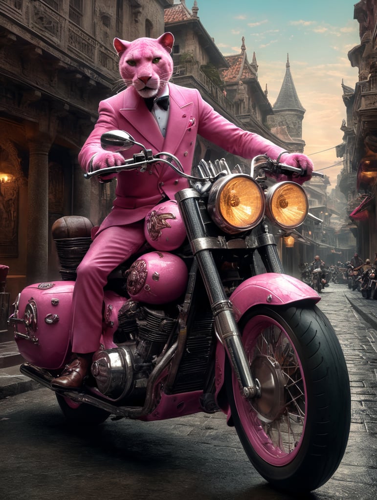 pantera cor de rosa andando de moto