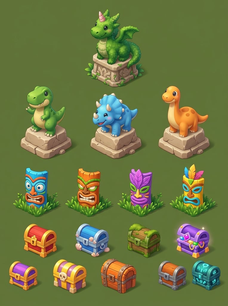 isometric game assets on solid olive green background, topiary green dragon with pink horn on stone base, three chubby cartoon dinosaur statues on cracked pedestals, four vibrant stylized tiki masks in grass patches, bottom row of seven diverse brightly colored mini treasure chests, smooth soft digital shading, casual playful 3D rendered style