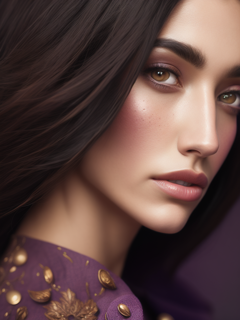 A photo close-up of a beautiful black haired woman with freckles, fashion editorial, studio photography, magazine photography, wearing pink and purple colors, blurry background