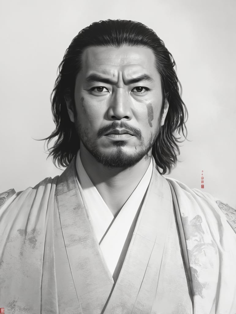 Portrait of a Samurai with a scar on his face, a very serious expression, classic Japanese painting style