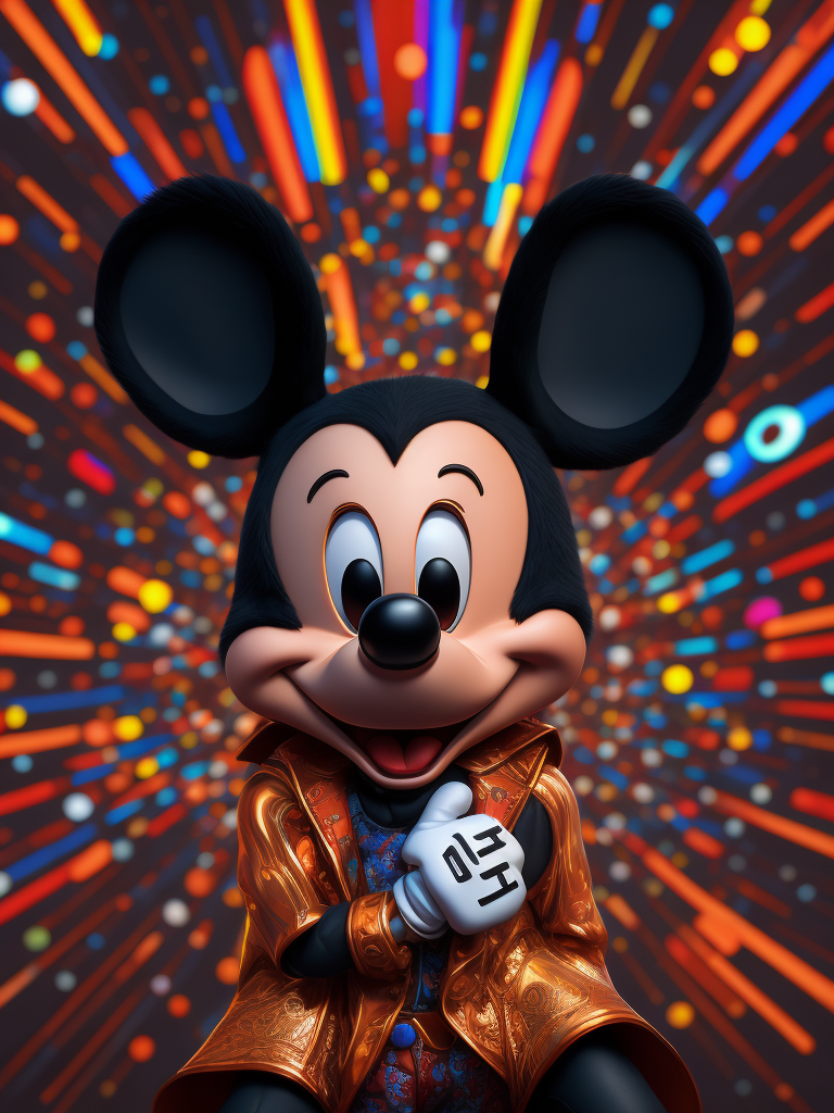 Portrait of Mickey Mouse is an American cartoon character. psychedelic, trippy, extremely detailed vibrant, cinematic lights, hyper realistic, hyper detailed, Sony Alpha α7, photorealistic