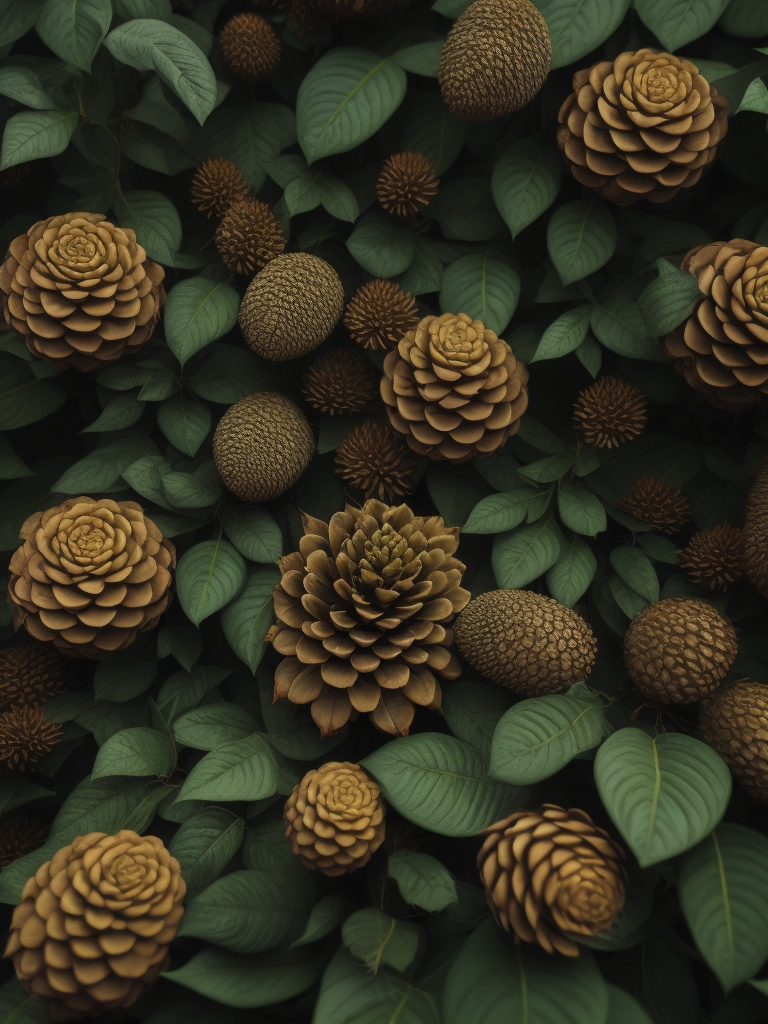 pine cones and pine trees on a bed of green leaves, in the style of video installation, flower patterns, wood sculptor, warmcore, intricate floral arrangements, duckcore, hypnotic symmetry