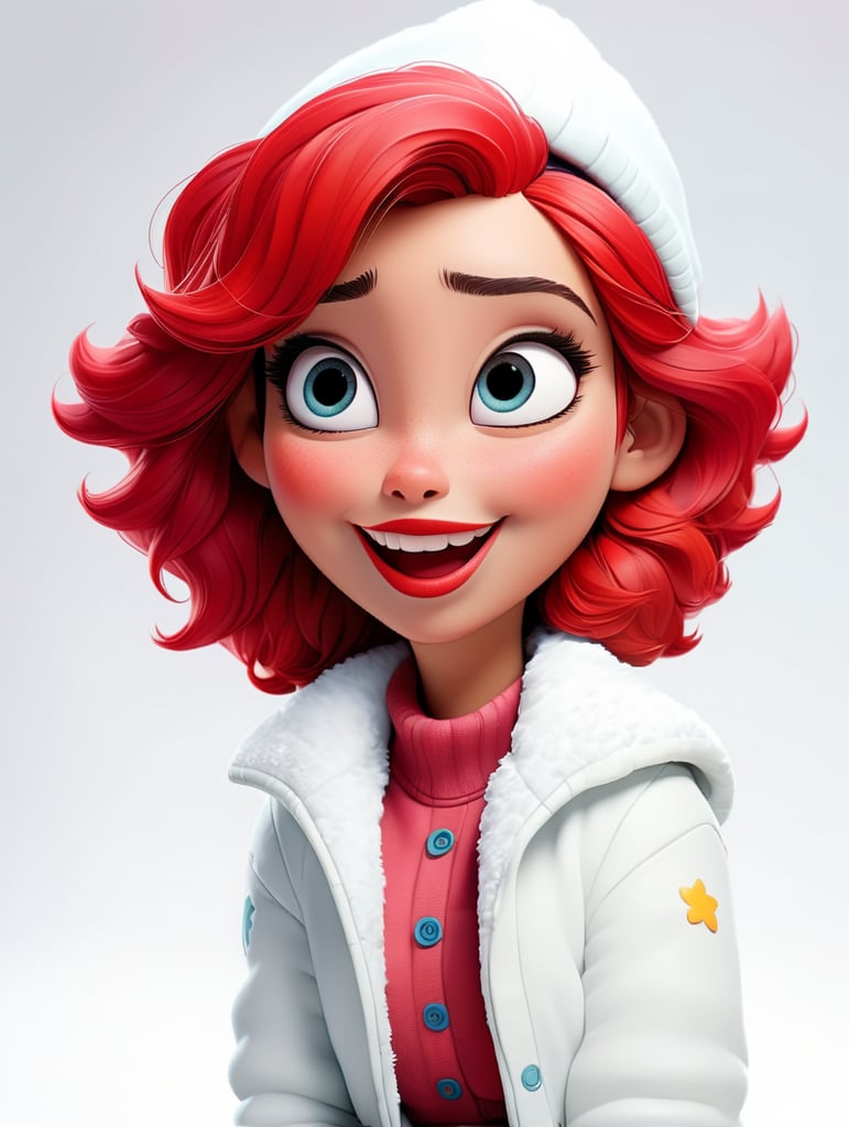 a happy young women with colored hair and red hat on his head is wearing a white fluffy jacket, isolated