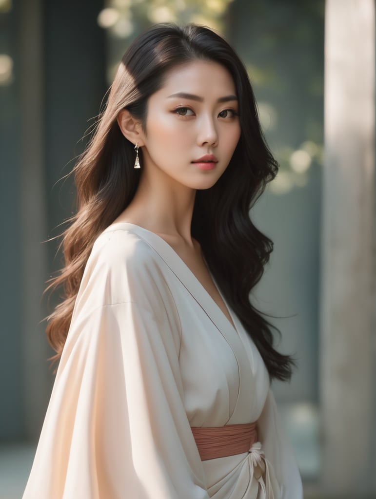 Japan, minimalism, cinematic composition, geometry 25 years old gorgeous goddess of love and beauty, look at camera, matching colors, dynamic movement, shadows, romantic dream, natural tones