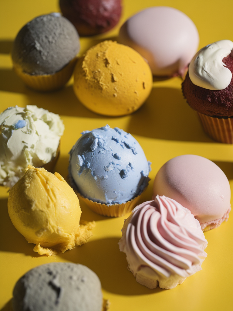ward - winning photo by slim Aarons of different types of ice cream on a yellow background, closeup shot, magic realism, high quality photorealistic, hyper high quality photography, hyperrealistic, Natural lighting, Unreal Engine 5, Color Grading, Editorial Photography, Photography, Photoshoot, Shot on 70mm lense