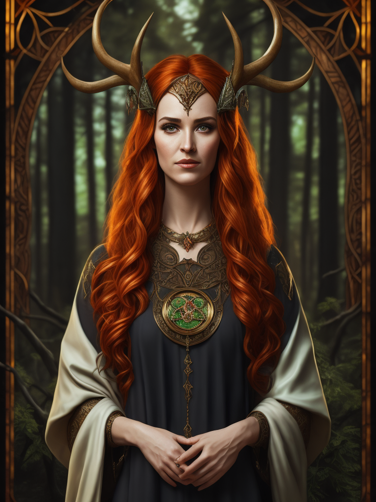 stained glass effect, celtic pagan red haired woman wearing antlers on her head, regal goddess, beautiful, in a forest, wearing ancient goddess robes with celtic embroidery, dark evening background, stained glass style