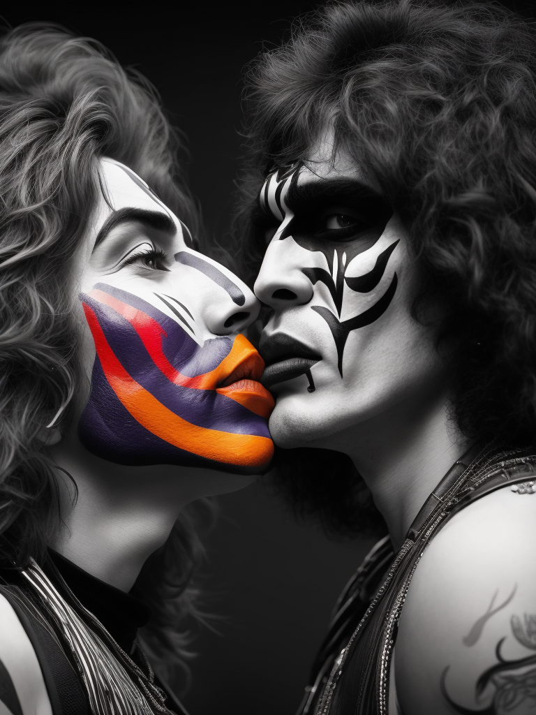 Rock band Kiss, Faces painted black and white, studio photo, professional photo, Bright and rich colors, Detailed image, detailed face