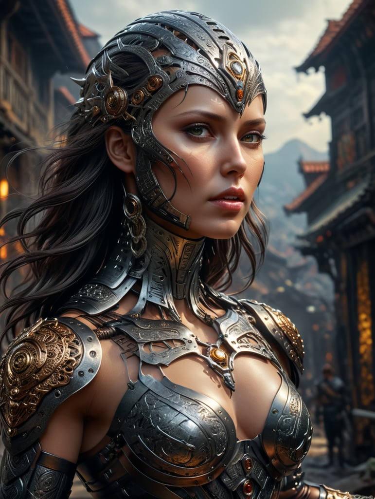 woman made of metal. her skin is made of metal and reflects the environment. she is shiny.