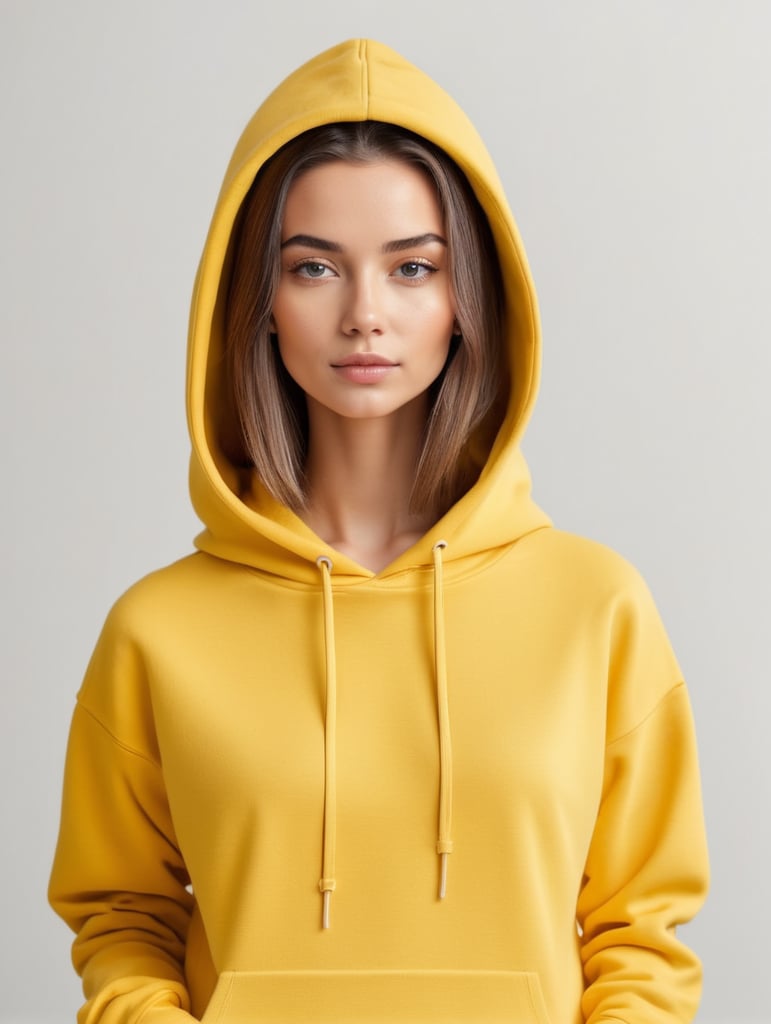 Portrait of a beautiful young woman wearing blank yellow hoodie, isolated, minimalism, mockup, mock up
