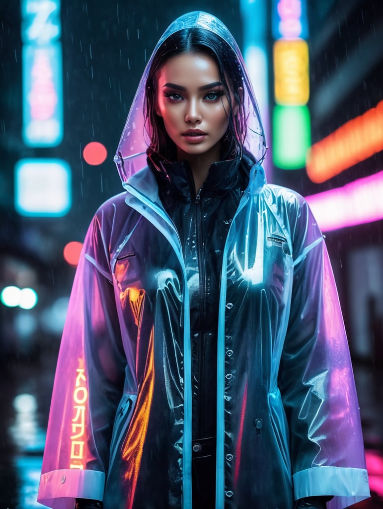 Portrait of A super model women wearing translucent raincoat, standing on a street under the heaviest rain, neon cyber city, dark night, neon signs,