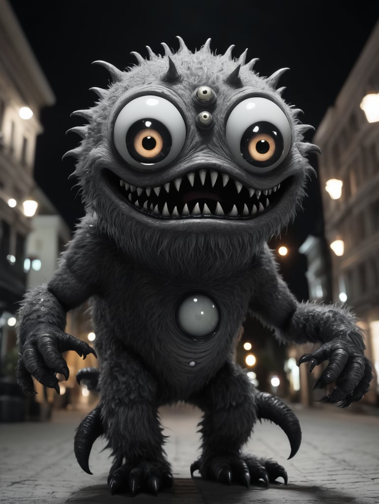 very cute, realistic grey monster whit many eyes standing in background complete black, unsettling, wide angle, night time, shot on Leica