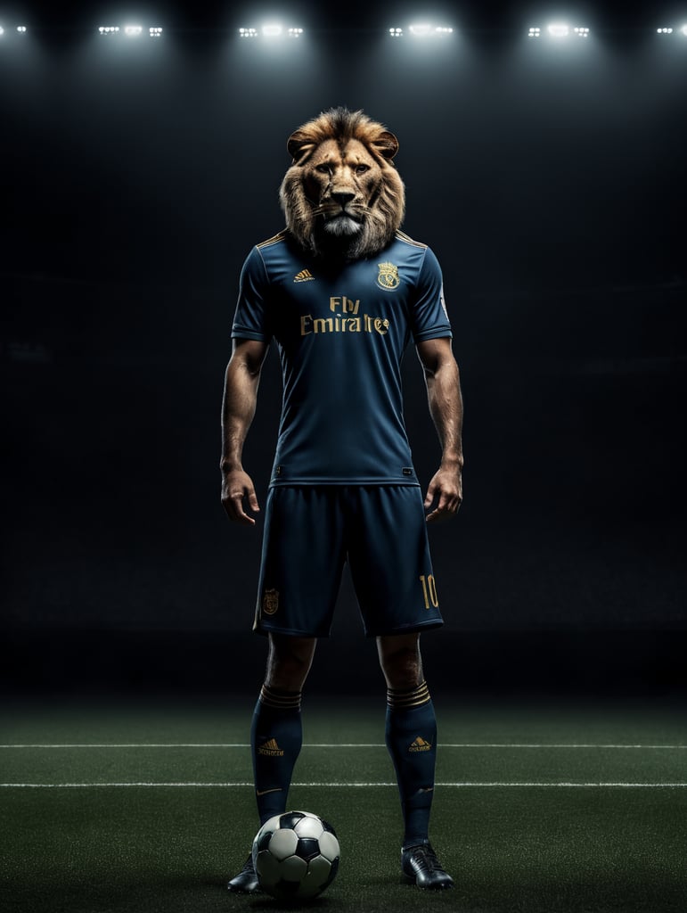 Full body, portrait, front facing, soccer player, black background, dark atmosphere, lion