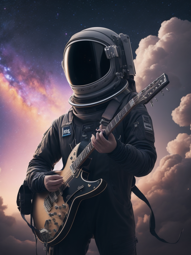 an astronaut in black, facing the universe, playing the guitar instrument, full body, helmet, refractions, daft punk, space in the background, nebula clouds, hyper detailed, digital art, trending in artstation, cinematic lighting, studio quality, smooth render, unreal engine 5 rendered, octane rendered