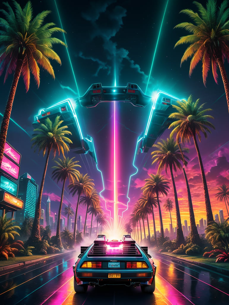 80's Back To The Future style retro party poster background with palm trees, trans am, city skyscapers, neon vibrant colours, synthwave, disco vibes,