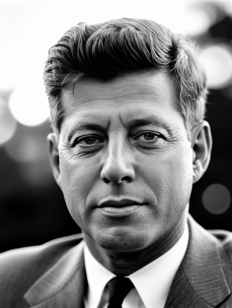 A black and white 1950's photograph of John F Kennedy, film photography, 50mm, blurred background.