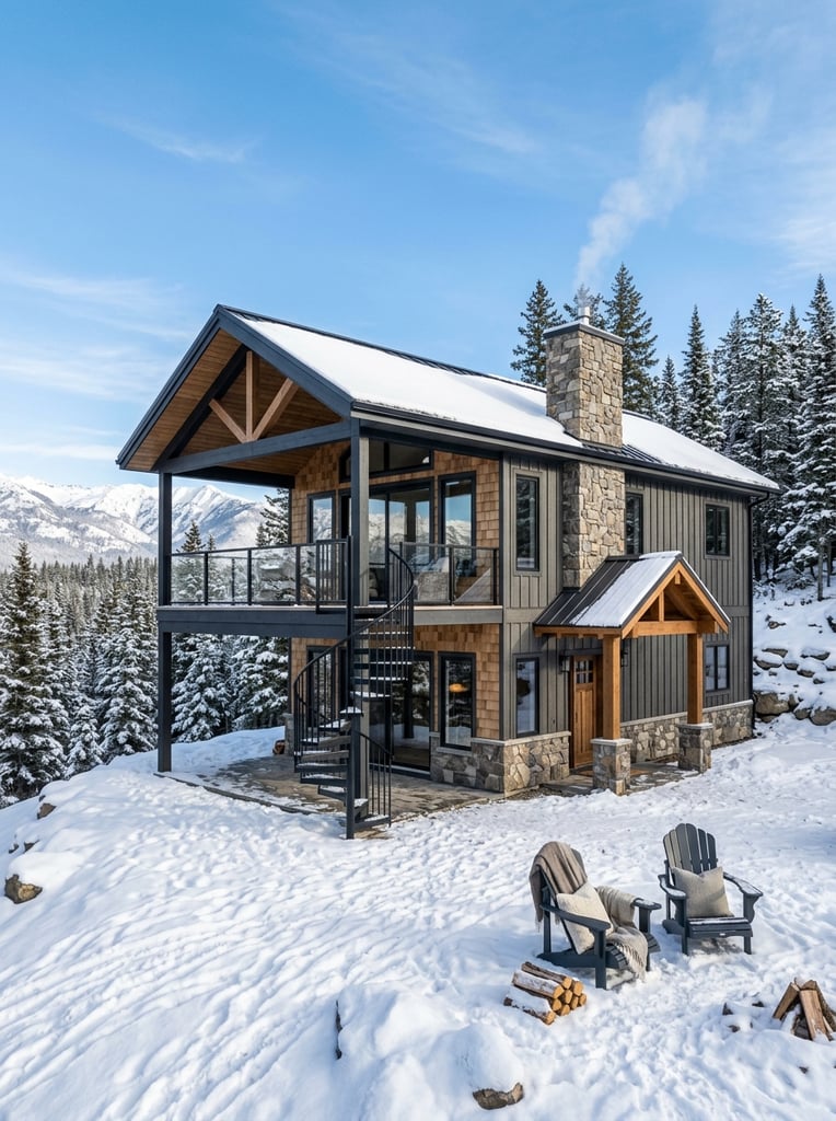 A modern two-story winter cabin mixing dark grey siding, cedar shakes, and stone under a bright blue sky. It features a covered upper deck with glass railings and a black spiral staircase. Two dark Adirondack chairs rest in the snowy foreground against a backdrop of snow-dusted pine trees.