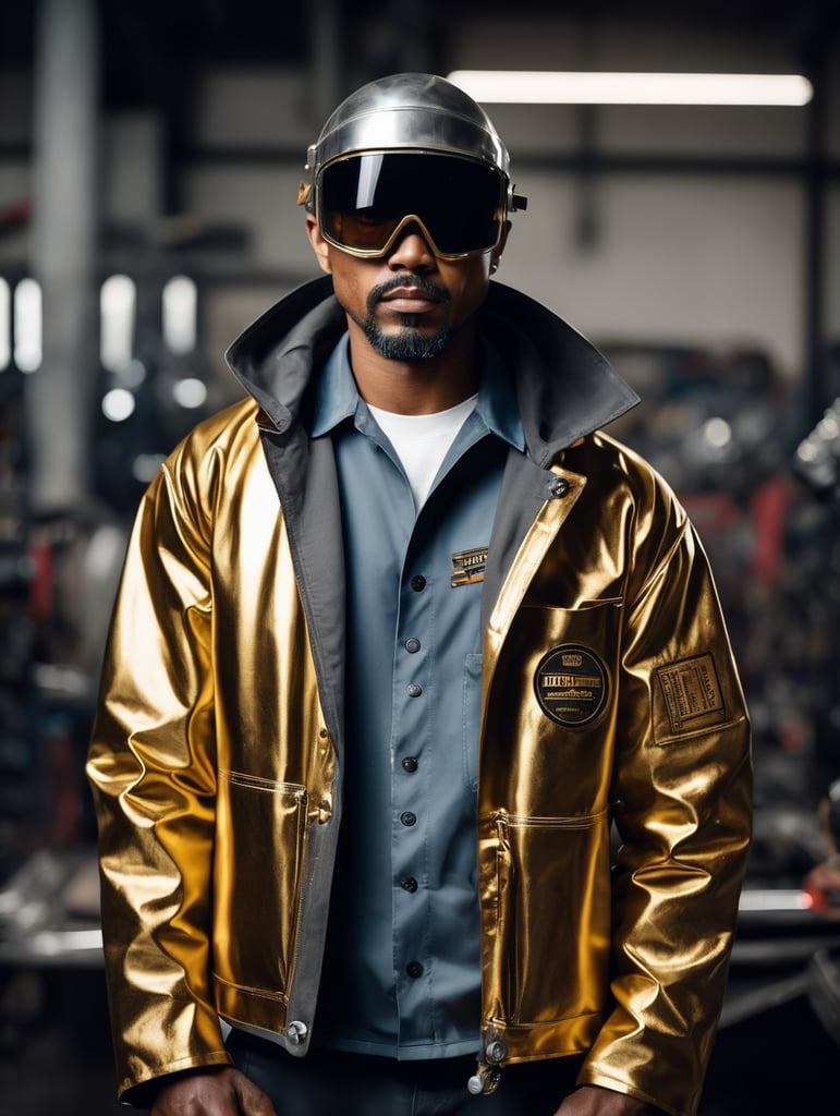 a Welder Jacket, futurist, mechanic, gold, silver, shot on leica, fashion portrait, by kith