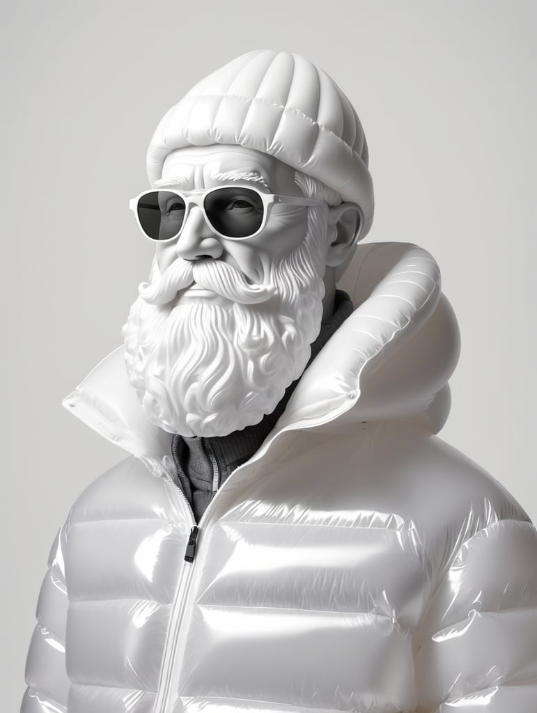 Inflatable white minimalist old man with beard puffer jacket, transparent, isolated, grey background, mockup