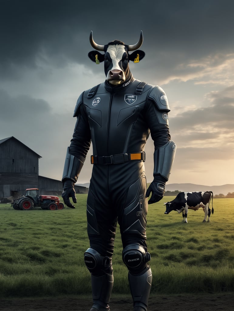 Draw a cow standing upright in a farm field. We can see the cow's entire body. The cow is wearing an auto racing uniform, and the cow is wearing racing goggles.
