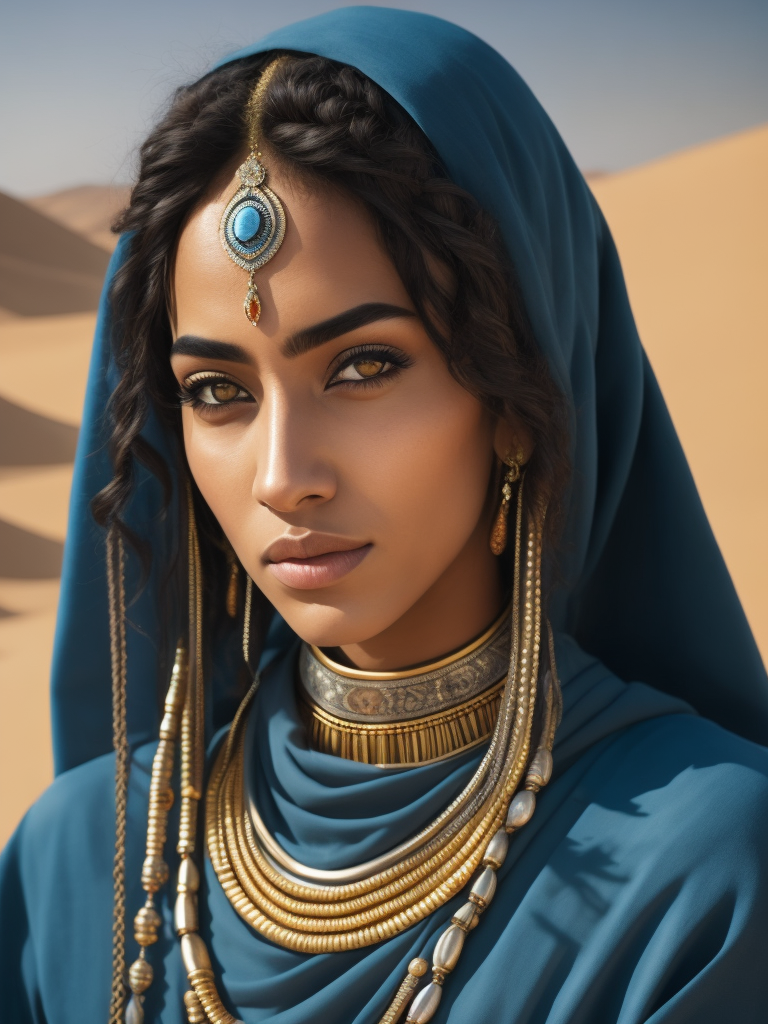 Portrait of an Arab woman with light tanned skin, braided hair, she has face tattoos and heavy silver necklace, she stands with crossed arms, vibrant ethnic blue clothes, National geographic style, desert in the background