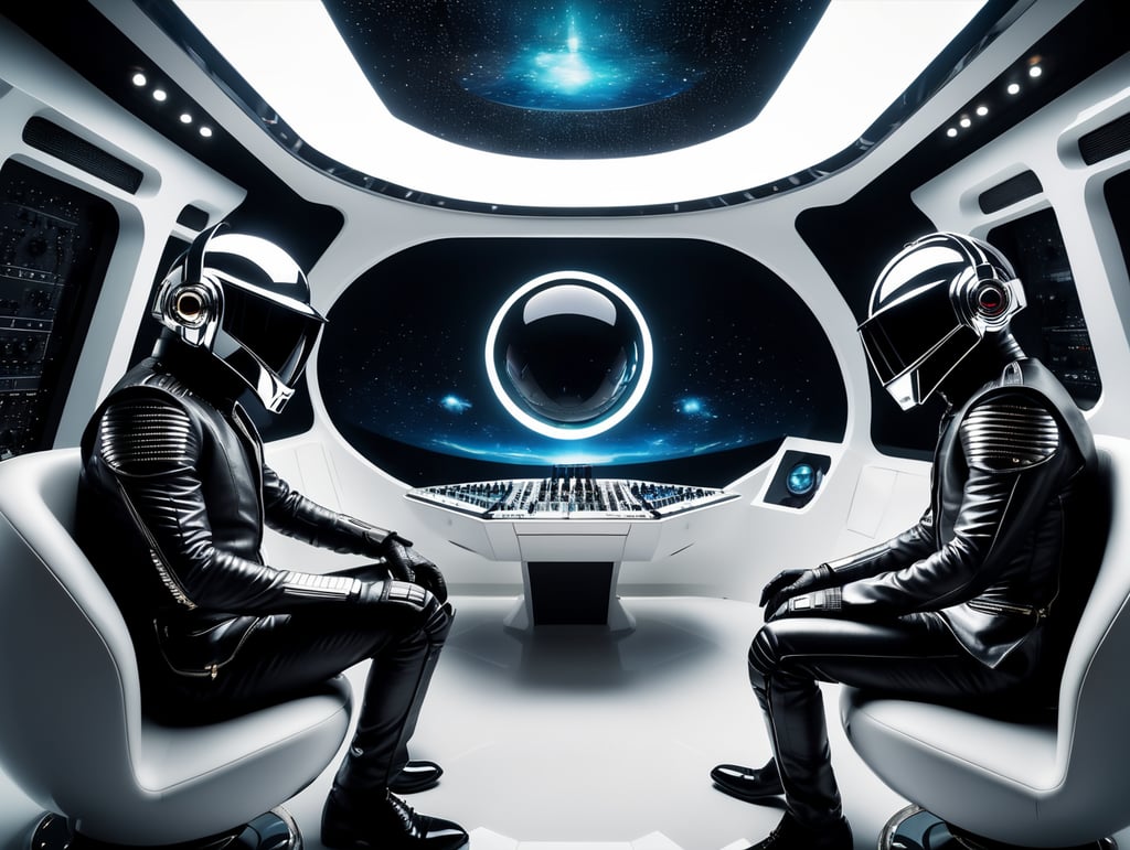 daft punk plays in a spaceship, interior design, cinematography, photography, volumetric, symmetrical, ultra wide angle, depth of field, highly detailed, ultra realistic, 16k