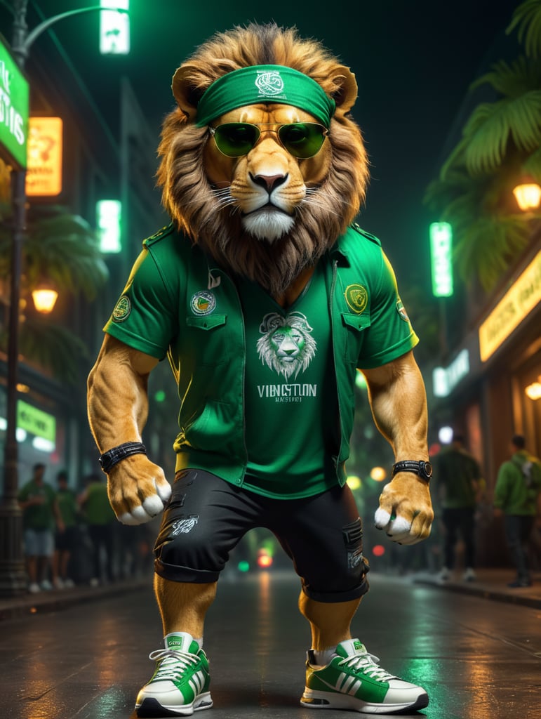 realistic lion, wearing green night life outfit and sneakers,8k, unreal engine render, full body wearing sunglasses and bandana