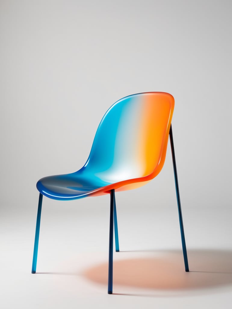 Una silla minimalista contemporánea de silicona semitraslucida con colores degradados azul cyan y naranja vibrante como si lo hubiera diseñado hi estudio.