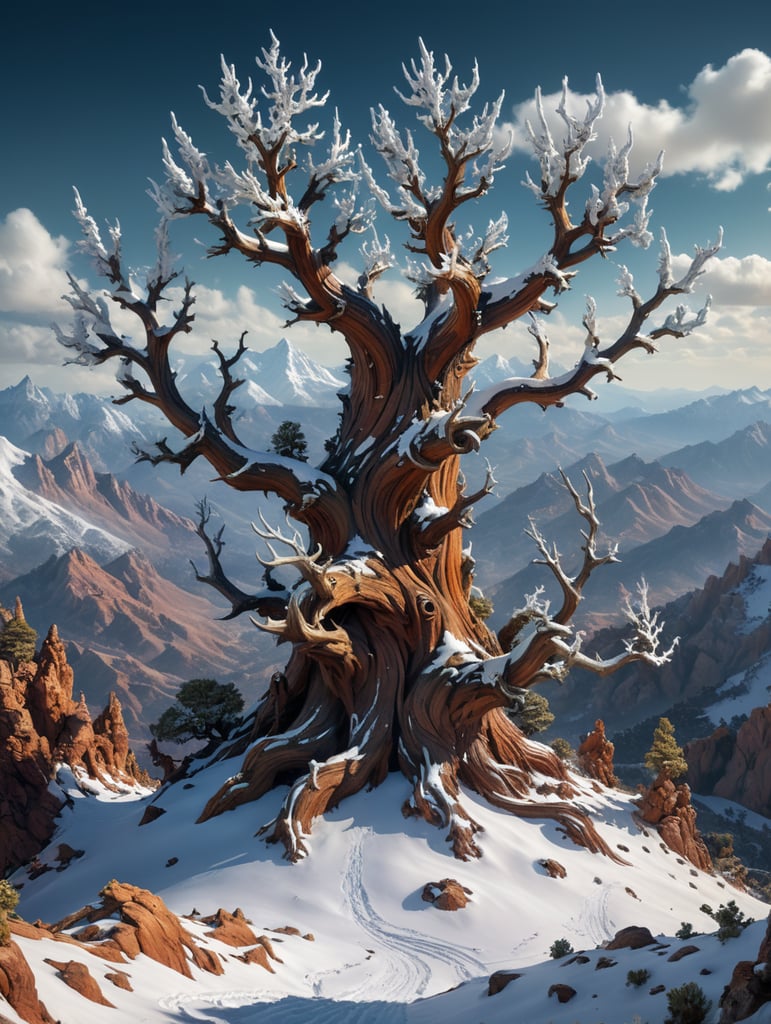 a bristlecone pine and snow covered hills, in the style of otherworldly grotesquery, 32k uhd, ralph bakshi, dark white and brown, dignified poses, natural phenomena, twisted branches