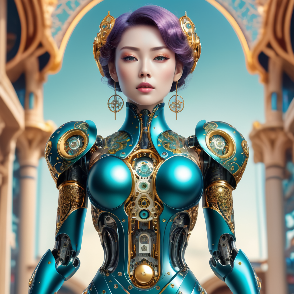 A female robot with an art Nouveau cyberpunk aesthetic, body is made from a delicate mechanical ornamental exterior reminiscent of a delicate gleaming porcelain and gold trimmed filigree should reveal a hollow see through body, hyper-surrealistic detailed 3d rendering digital art style, background galaxy sky