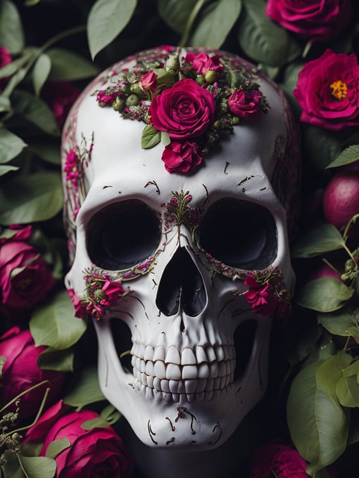 Mexican skull calavera, surrounded by poetic ornamental elements such as fruits, flowers, garlands of lights and native plants, colors pink, green, gold and black